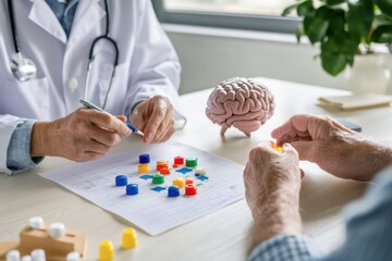 Neurologist conducts cognitive test with elderly patient to assess mental functioning