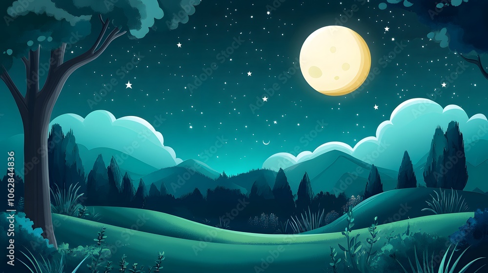 Poster a peaceful, serene scene of a forest at night with a full moon in the sky. the moon is the focal poi