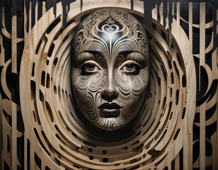 The image features a striking sculptural face adorned with intricate black and white patterns, surrounded by swirling wooden elements, creating a mesmerizing and surreal visual effect.