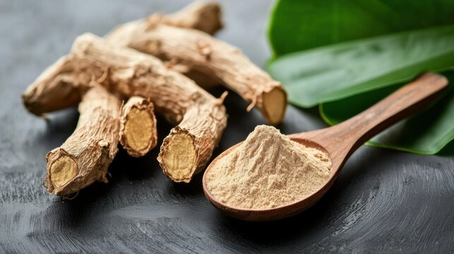 Harness kava root powder with spoon for anxiety relief
