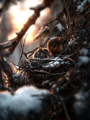 Fototapeta premium In the soft light of dawn, baby birds huddle in their cozy nest, surrounded by twigs and snow, creating a tranquil moment in the wooded landscape.
