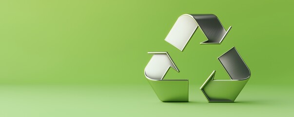 Obraz premium Silver recycle symbol on a green background.