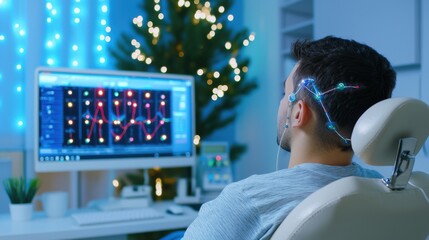 Patient engages in neurofeedback therapy with electrodes