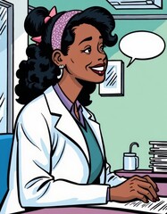 Fototapeta premium Smiling female doctor in office: relaxed woman with speech bubble in pastel interior illustration