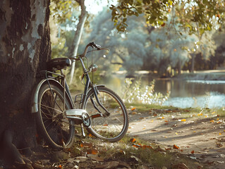Fototapeta premium Rustic scene with bicycle resting against tree, vintage filter adds nostalgic feel to the image.