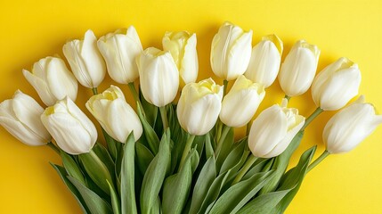 A beautiful bouquet of tulips in yellow and white tones, flat lay on a yellow background with room for text.