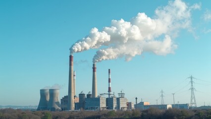 Industrial power plant emitting smoke against clear sky