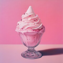 An strawberry ice cream in a glass on pink background 