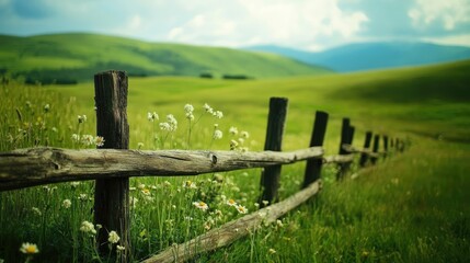 A beautiful green meadow with an old wooden fence made of poles, surrounded by wild grass and a few flowers in the background.