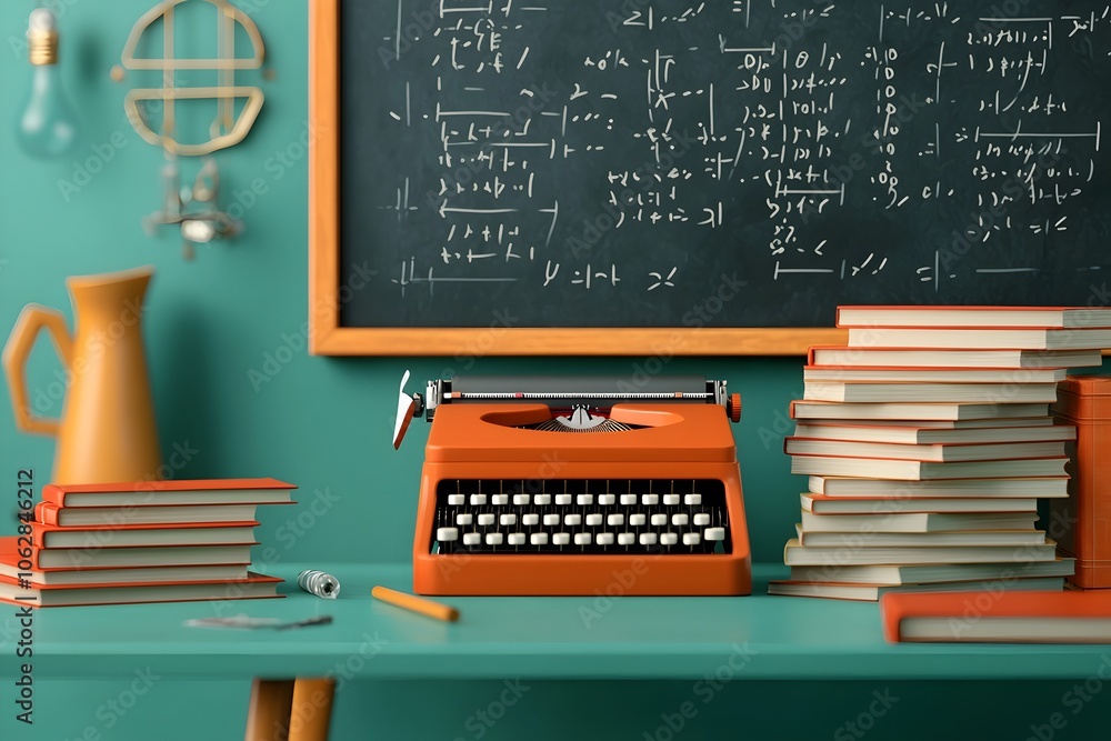 Poster minimalist classroom with complex mathematical equations on chalkboard and students studying