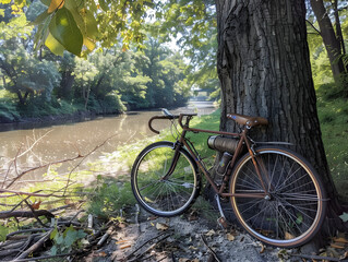 Fototapeta premium A vibrant yellow bicycle leans against a tree, surrounded by green foliage and bright sunlight.