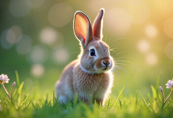 Fototapeta premium A playful bunny enjoying a sunny Easter afternoon in a vibrant meadow filled with flowers