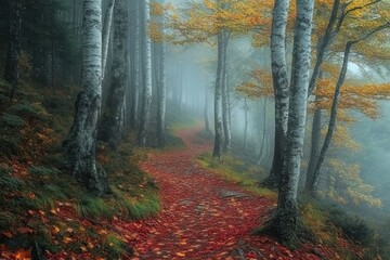 Obraz premium Misty Forest Path with Fallen Autumn Leaves and Birch Trees