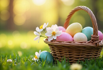 Colorful eggs in a woven basket surrounded by flowers in a sunlit spring meadow during Easter
