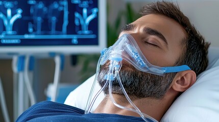 Patient undergoing air compressor therapy with mask a close-up view of respiratory treatment in progress