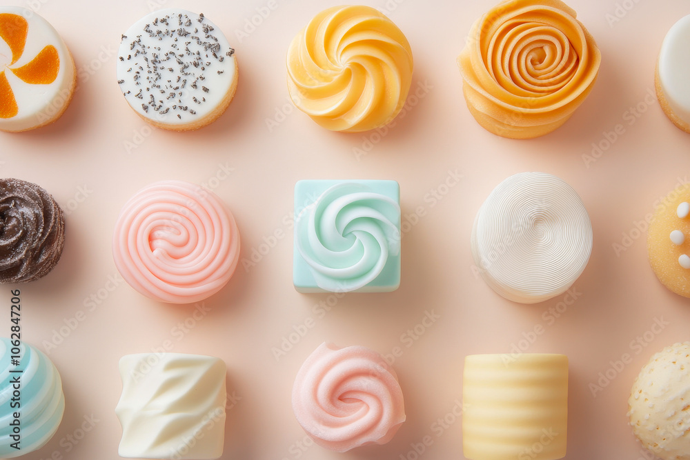 Poster an overhead view of various colorful artistic confections arranged on a pastel background, showcasin