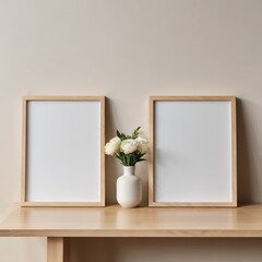 Close up of two empty frames mockup on wooden table, poster frame mockup design, mockup frame