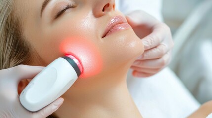 Skincare expert uses ultrasound device on jawline for tightening