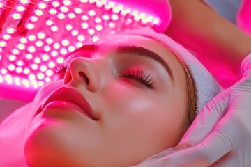 Esthetician applies led light therapy for skin rejuvenation