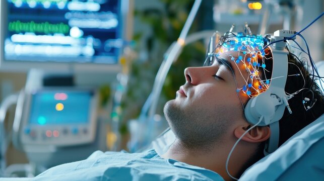 Patient undergoing brain stimulation therapy a close-up of innovative headgear in action
