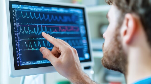 Neurologist analyzes brain waves on eeg monitor to assess patient's neurological health and functioning