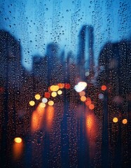 Gotas de lluvia en primer plano sobre una ventana, con el fondo borroso de una tormenta en una ciudad. 