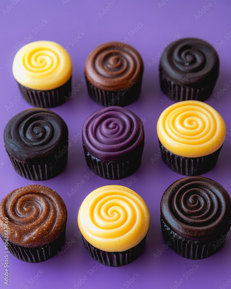 Poster a vibrant display of artistic cupcakes arranged in a grid. each cupcake features colorful swirls of 