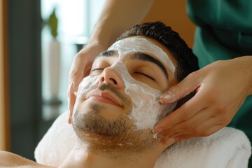 Therapist applies moisturizing mask to client's face for rejuvenation