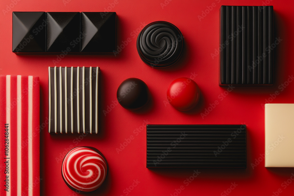 Aufkleber a vibrant overhead display of various colorful artistic shapes on a bold red background. ideal for c