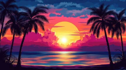 Fototapeta premium A calm beach scene with silhouetted palm trees standing tall against a deep, colorful sunset sky, creating a peaceful evening atmosphere.