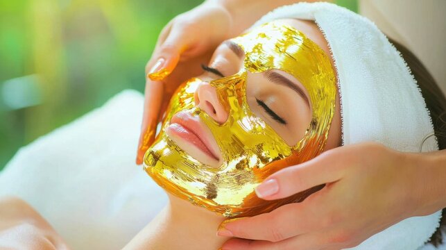 Esthetician applies luxurious gold facial mask in premium spa treatment