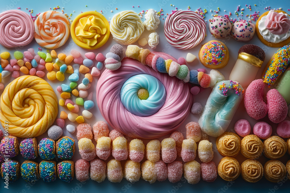 Poster explore a vibrant overhead display of artistic sweets, featuring a delightful array of colorful cand