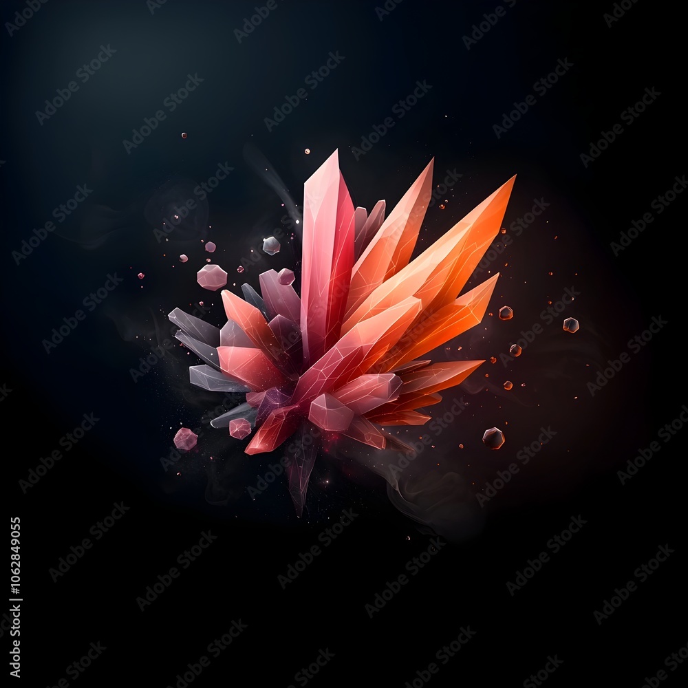 Poster radiant geometric forms and crystalline molecular models colliding and cascading in a luminous energ
