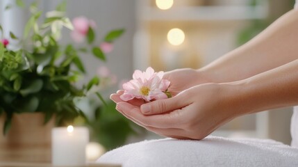 Fototapeta premium Therapist delivers relaxing aromatherapy massage to client's hands for enhanced well-being
