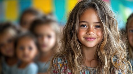 Fototapeta premium A smiling girl in the foreground with other children blurred behind.