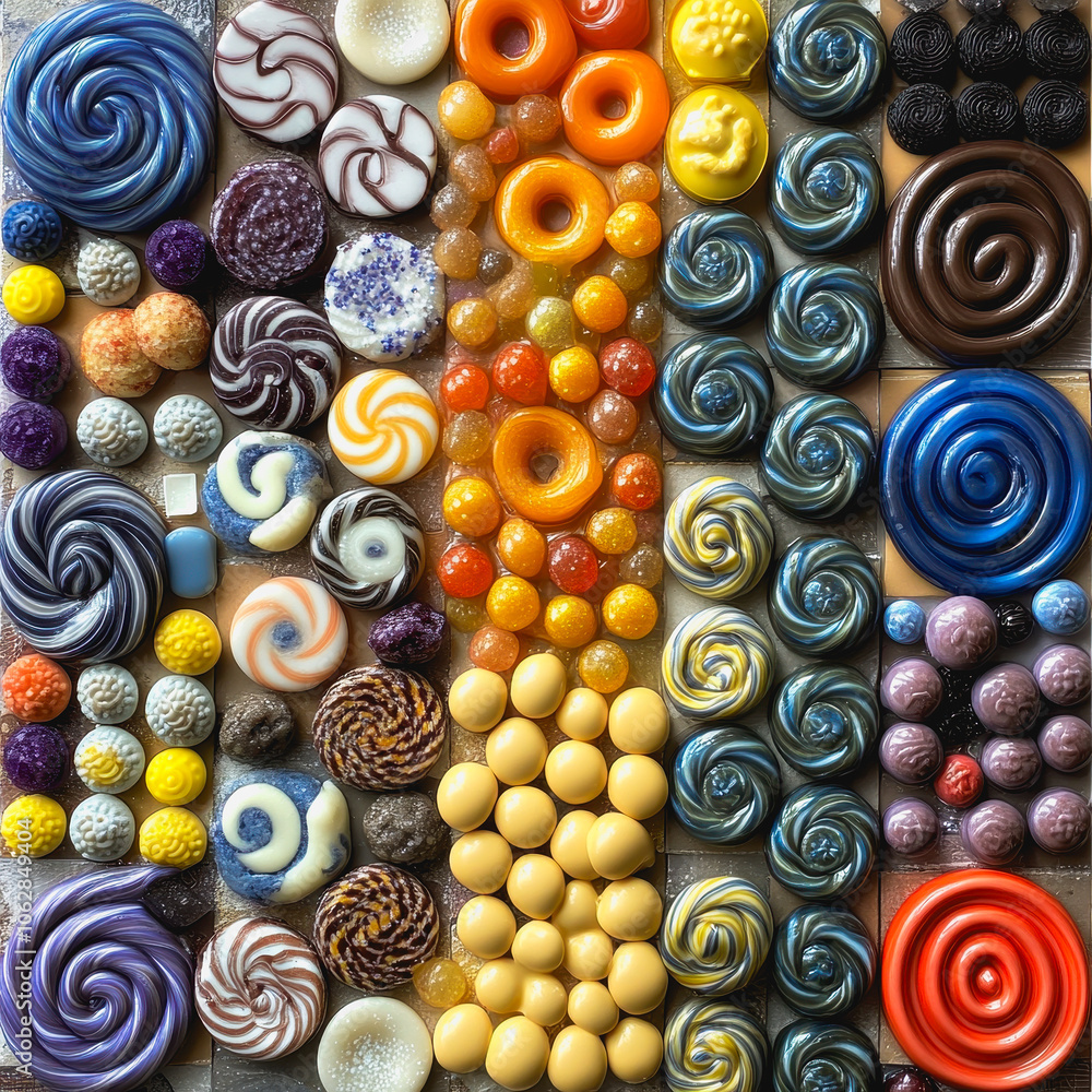 Poster explore a vibrant overhead display featuring an array of colorful swirls and shapes. this artistic a