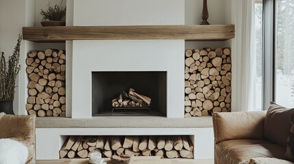 A clean, modern fireplace with firewood stacked below, providing a minimalist yet warm design element to the living room.
