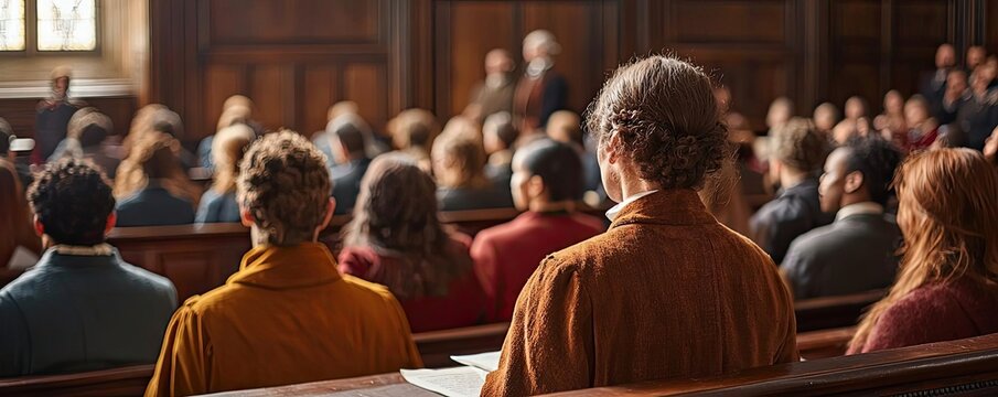 Audience observing a courtroom session from behind, focused and attentive.