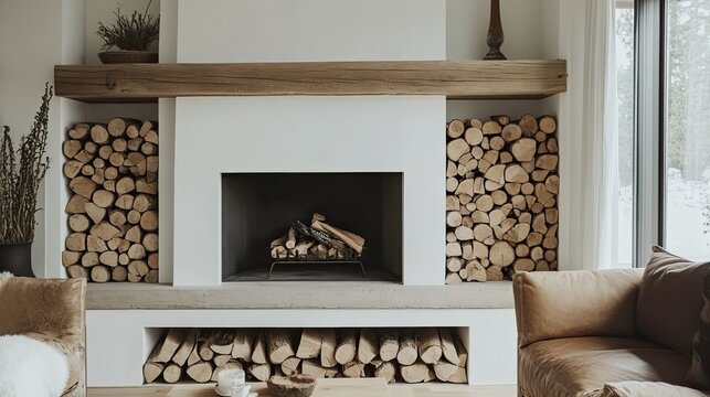 A clean, modern fireplace with firewood stacked below, providing a minimalist yet warm design element to the living room.