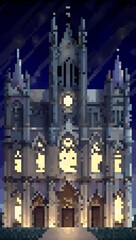 Gothic cathedral exterior at night pixel art background. 8-bit game assets