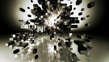 The image features a dynamic explosion of geometric shapes resembling fragmented, textured blocks, suspended against a dramatic sky filled with dark, swirling clouds.