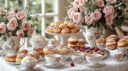A delightful spread of pastries and tea with floral arrangements.