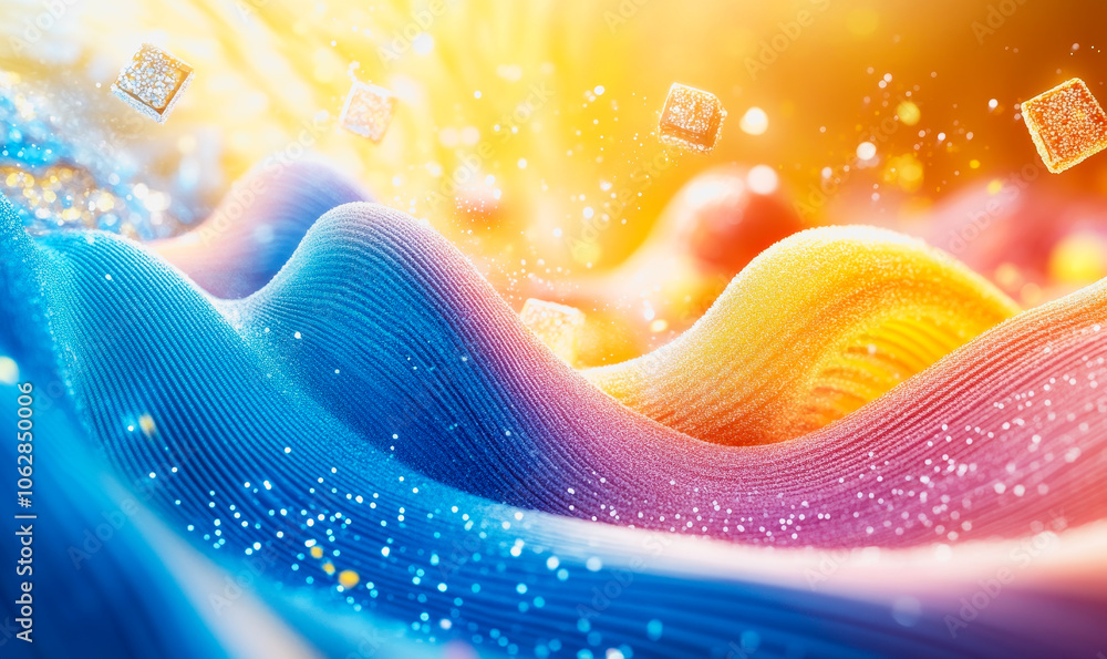 Poster explore a vibrant abstract artistic display featuring colorful waves and shimmering textures. this d