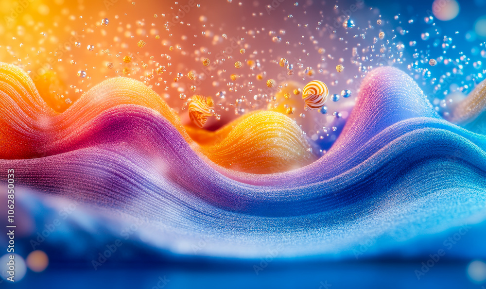 Poster a vibrant and colorful artistic display featuring abstract wave-like patterns enhanced by shimmering