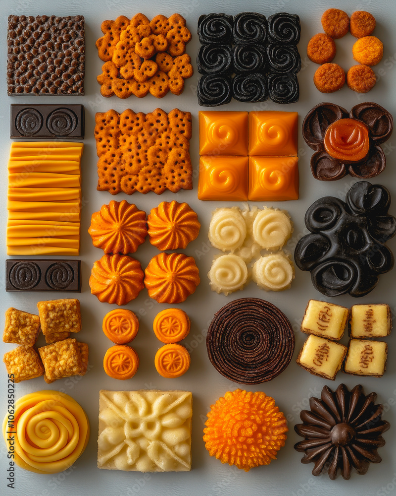 Poster a vibrant overhead display featuring an array of colorful treats, showcasing intricate designs and t