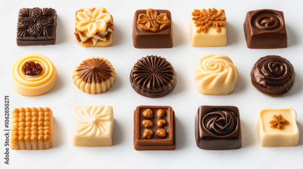 Poster an appealing overhead view of various artistic chocolates featuring rich colors and intricate design