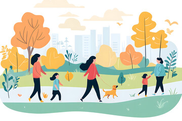 Fototapeta premium Autumn Stroll with Family and Dog