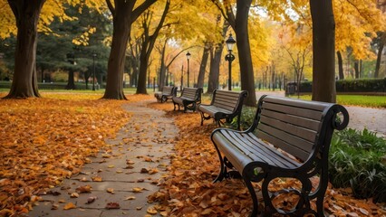 Quiet autumn day, picturesque autumn with park benches among fallen autumn leaves, beautiful cozy autumn park