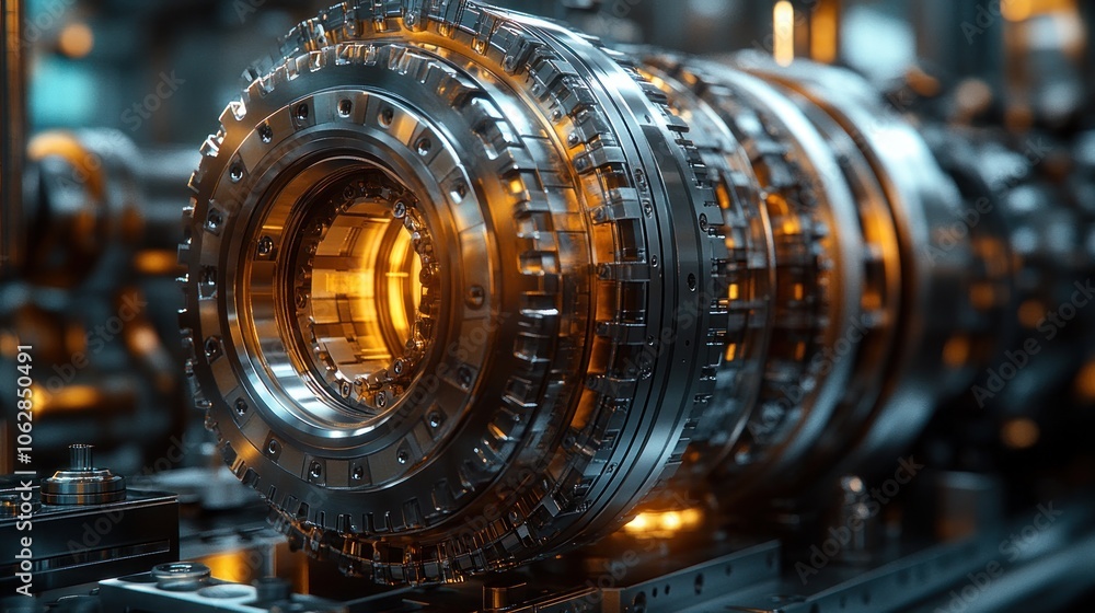 Poster close-up of a futuristic mechanical component with glowing elements.