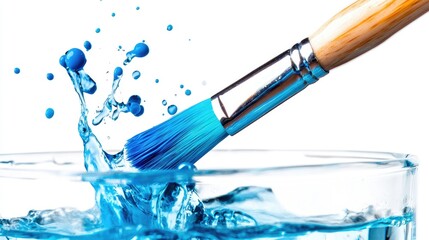 A close-up of an art brush soaking in a glass of water, with blue paint dissolving into the liquid, captured against a clean white background.